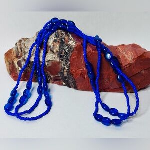 80s Cobalt Blue Bonnet Glass Czech Flapper Necklace Pressed Oval Seed Beads 40”